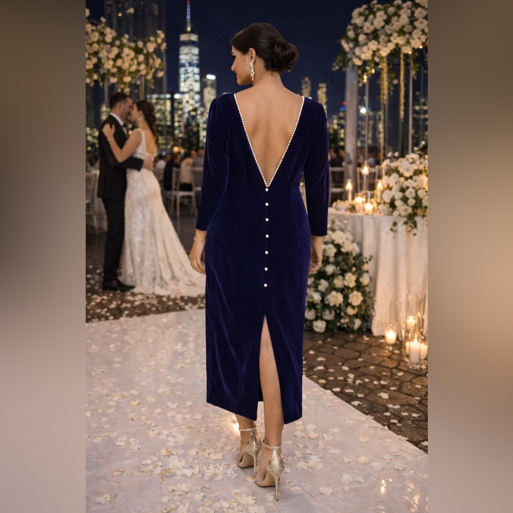 Vintage Navy Blue Velvet Midi Dress Shoulder Pads Back Slit USA Made - Picture 4 of 9